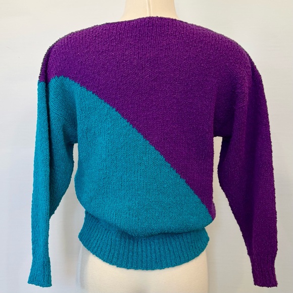 Vintage 80s Campus Casuals Teal Purple Knit Bold Floral Pullover Top Sweater S - Picture 7 of 8